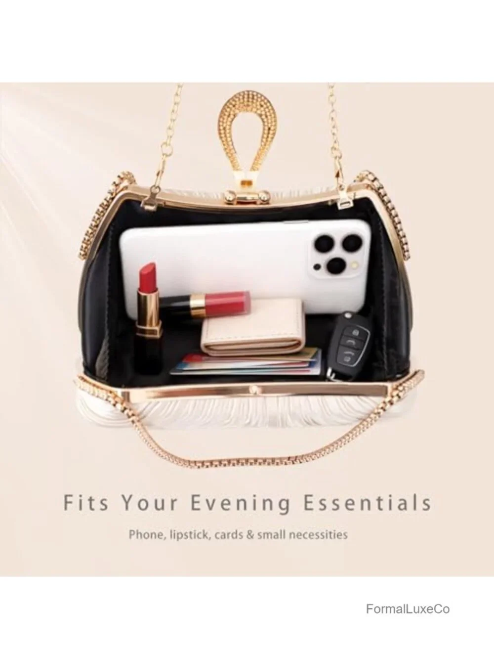 Pleated Satin Evening Clutch with Detachable Chain Strap, Metal Clasp, Formal